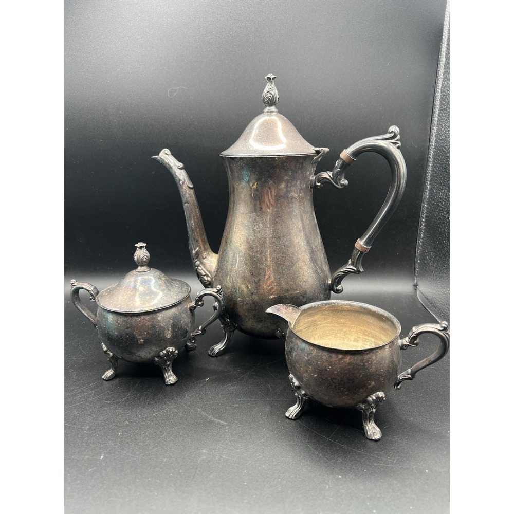 Sheridan Silver Plated Coffee Tea Set Ornate Footed Silverplate Vintage